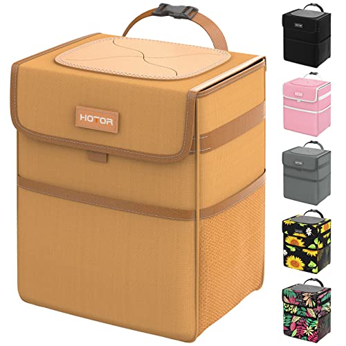 HOTOR Car Trash Can with Lid, Brown, 2 Gallon Capacity, Waterproof and Leak-Proof Design, Magnetic Snaps for Easy Replacement of Trash Bags