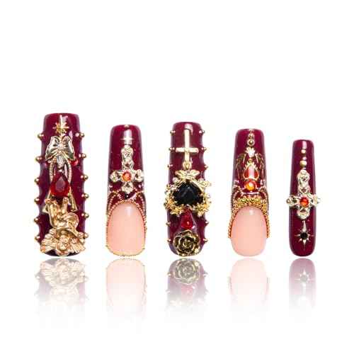 LOVFUL Press on Nails Gothic Romance| Handmade with Full Covered Crystals| Reusable Fake Nails| Square Mid length 1.7in| H333-M