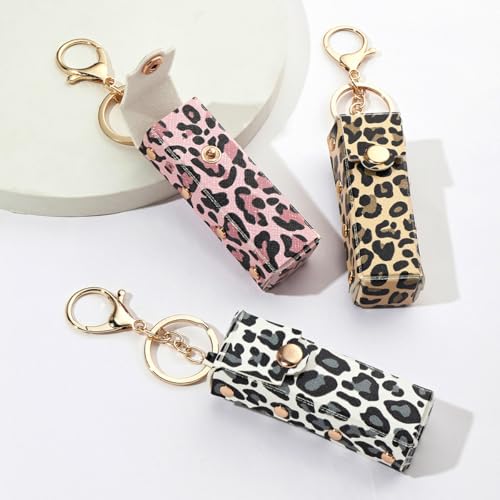 Leopard Print Lipstick Holder Keychain - 3 Pack PU Leather