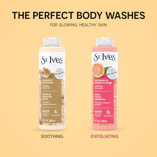 St. Ives Body Wash Variety 2-Pack, Soothing Oatmeal & Shea Butter + Exfoliating Pink Lemon & Mandarin Orange, 100% Natural Extracts, Cruelty-Free, 22 Oz Ea