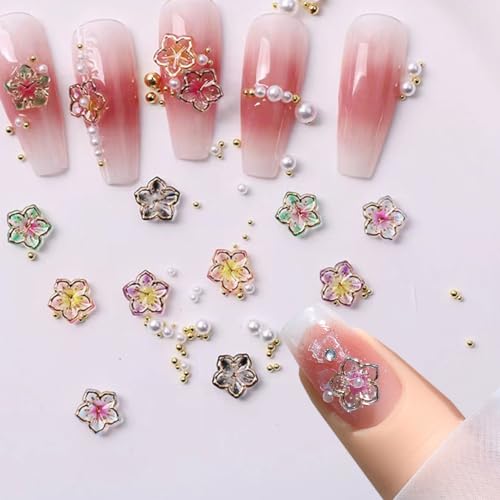 50Pcs Flower Nail Charms 3D Lovely Flower Charms Nail Rhinestones Gold Edge Glaze Design Resin Nail Jewels Colorful Floral Nail Art Charms Supplies Cherry Blossom Petals Nail Gems for Acrylic Nails