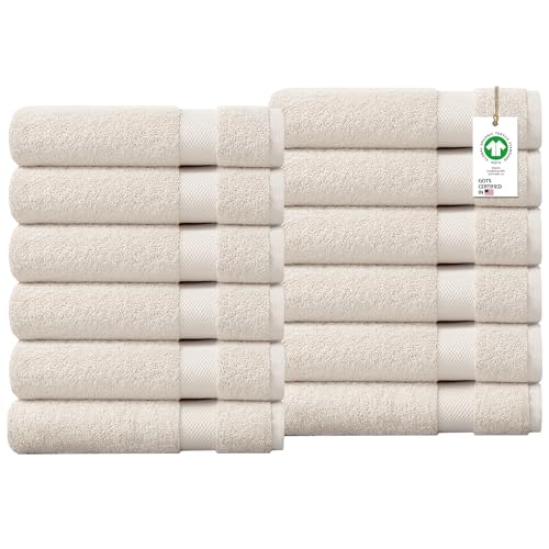 Delara 100% Organic Cotton Towels 650 GSM Plush Feather Touch Quick Dry Wash Cloth, Pack of 12 GOTS Certified, Oeko-Tex Green Certified, Organic Cotton Wash Cloth, 13"X13"