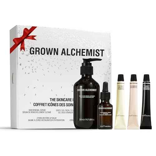 Grown Alchemist Skincare Icons Holiday Gift Set Kit, Hydra-Restore Lip Balm, Gentle Gel Facial Cleanser, Hydra-Restore Day Cream, Skin Renewal Serum & Skin Defense Primer. Hydrating & Anti-Aging Set