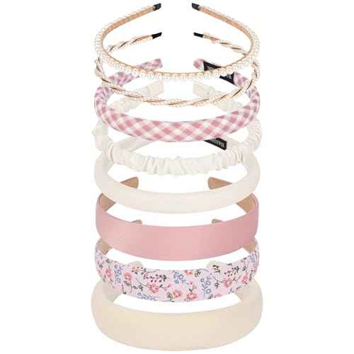 LYroo Headbands for Women Girls Non Slip - 8 Pack Wide Padded Headband Cute Floral Headbands Fashion Pearl Beaded Thin Head Bands Trendy Hair Accessories(White & Pink)