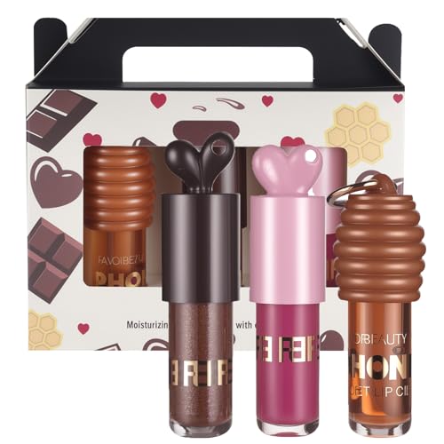 3PCS Bunny Lip Gloss Set, Chocolate + Rose + Honey, Nourishing Tinted Lip Oil For A High-shine Finish, Keychain Honey Lip Oil for Lip Care and Dry Lips