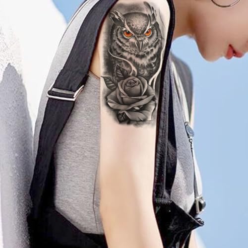 8 Sheets 3D Black Realistic Temporary Tattoos for Men Women Adults, Owl Sketch Dreamcatcher Flower Rose Halloween Fake Half Arm Sleeve Tattoos Stickers Legs Kit Sets