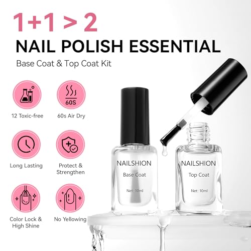 Base Coat & Top Coat Nail Polish Set - Clear, Fast-Dry, Vegan 2Pc