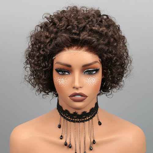 Short Curly Pixie Cut Wig Human Hair Chocolate Brown 5X5 Glueless Wigs Human Hair Pre Plucked Pre Cut Brazilian Brown Pixie Wigs for Black Women 8 Inch