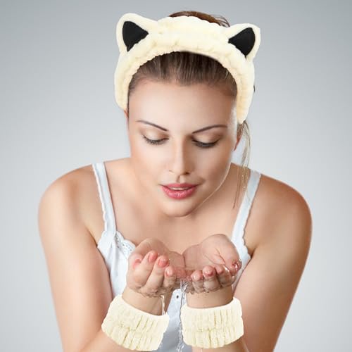 WHAVEL 3PCS Spa Headband and Wristband Set, Cute Cat Ears Headband for Washing Face Makeup Headband Face Wash Headband Wrist Bands(Beige)