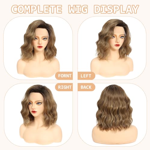 Short Brown Wavy Bob Wig for Women - 14 Inch Lace Front Hair