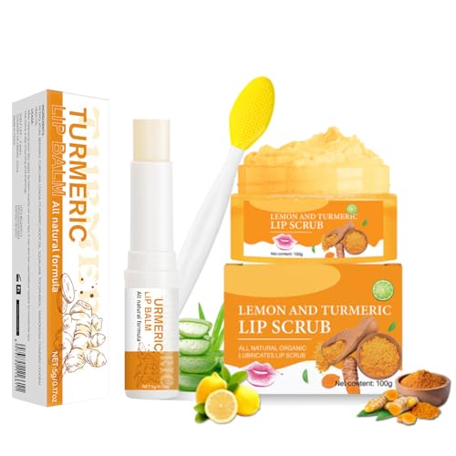 Turmeric Lip Scrub & Balm Set with Brush - Exfoliate & Moisturize