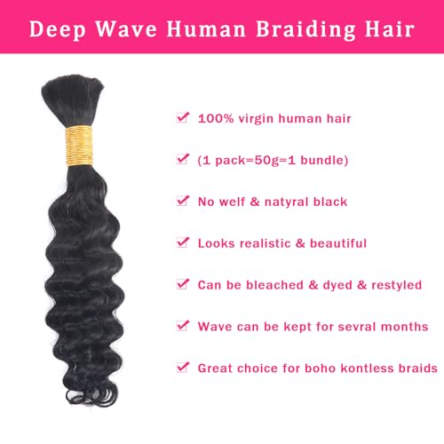 Black Deep Wave Human Braiding Hair 16 Inch Bulk for Boho & Knotless Braids - 1 Bundle
