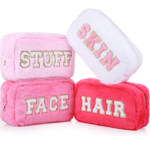 Paterr 4 Pieces Preppy Makeup Bag Chenille Letter Faux Fur Fluffy Bag Preppy Stuff Face Skin Hair Stuff Cute Toiletry Cosmetic Travel Bags Pouch with Zipper for Girls Women(Pink)
