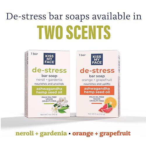Kiss My Face De-Stress Bar Soap - Neroli + Gardenia - Vegan Soap Bar with Hemp Seed Oil - Cruelty Free and Palm Oil Free Bath Soap (Neroli + Gardenia, Pack of 1)
