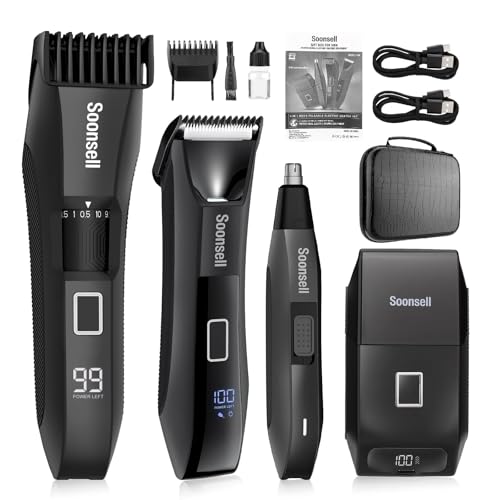 Soonsell Manscape Beard Trimmer for Men,IPX7 Waterproof 4 in 1 Men's Grooming Kit,Ball Shaver,Nose Hair Clippers,Electric Razor,Hair Clippers for Men,LED Display,Wet/Dry Trimmer