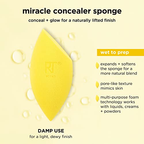 Real Techniques Miracle Concealer Sponge, Makeup Blending Sponge For Liquid & Cream Concealer, Elongated Shape For Precise Application Under Eyes & Tight Areas, Yellow, Latex-Free Foam, 2 Count