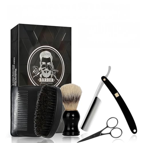 Straight Edge Razor Shaving Kit, Including Steel Shaver & Shaving Brush & Wooden Beard Comb & Brush, Beard Grooming Scissors, Idea Gift for Christmas, Birthday, Father for Men