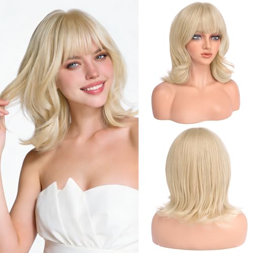 Haloo 14-Inch Blonde Bob Wig with Bangs - Wavy Synthetic Hair
