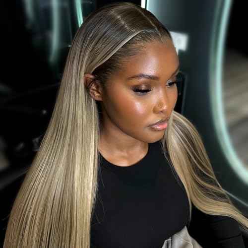 Ombre Ash Blonde Wigs Human Hair Natural Roots 200% Density 13x6 Straight HD Glueless Lace Frontal Wigs Human Hair for Women Pre Plucked Ombre Dirty Blonde Straight Lace Frontal Wigs 20 Inch