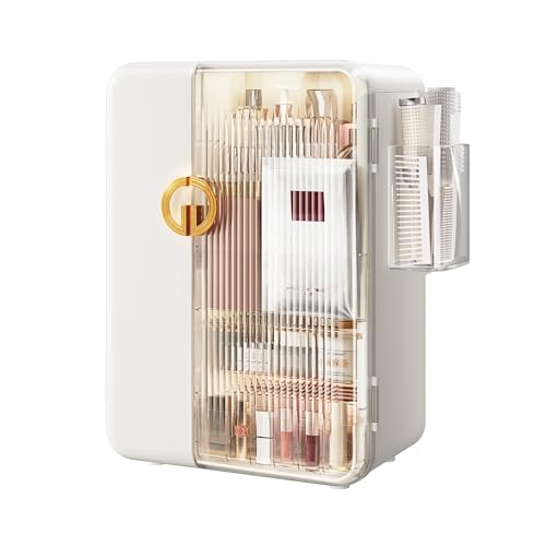 SEE SPRING Makeup Organizer for Vanity, Large Capacity Skincare Organizers and Storage with Drawers, Dustproof Cosmetic Display Case for Bathroom Countertop, Trendy Teen Girl Gifts, White