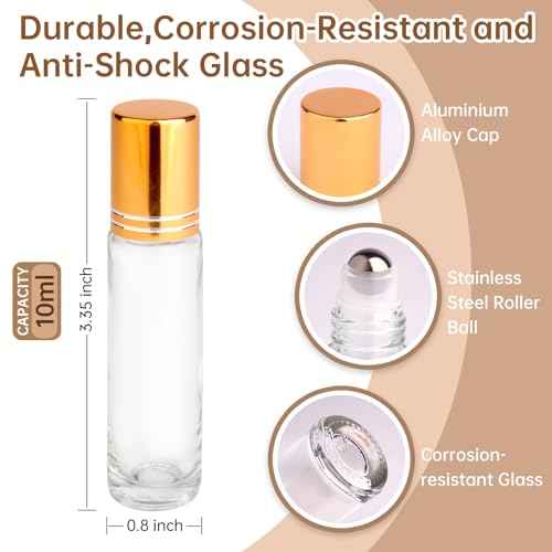 inice 24 Pack Clear Galss Roller Bottles,10ml Roll On Bottles Stainless Steel Roller Balls Metal Cap for Aromatherapy Essential Oils Applicator