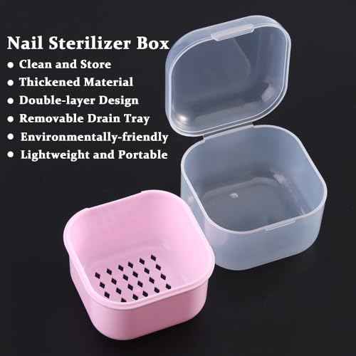 Nail Tool Sterilizer Box Plastic Disinfectant Container for Nail Art Accessories Tools, Portable Nail Drill Bits Sterilizer Tray with Strainer, Soaking Tray Clean Box Manicure Equipment