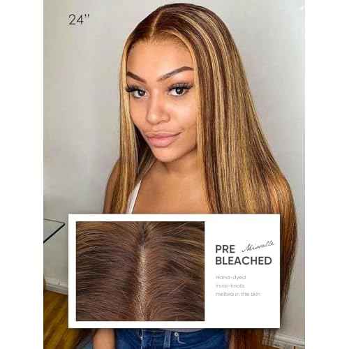 Ombre Lace Front Wig Human Hair 250% Density 4/27 Honey Blonde 13x4 Highlight Blunt Cut Double Drown Straight Wigs Human Hair Pre Plucked Bleached Knots HD Lace Frontal Wig
