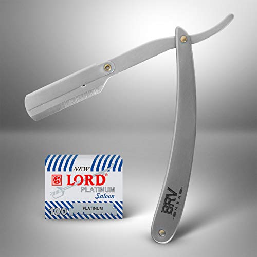 BRV MEN Professional Straight Edge Barber Razor w/ 100 Single Edge Razor Blades | Straight Razors for Men | Barbershop Accessories | Mens Shaving Knife & Shavette - Silver