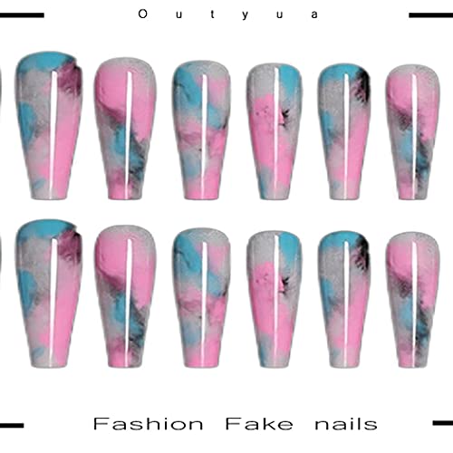 Outyua Glossy Smoke Pattern Fake Nails Coffin Extra Long Press on Nails with Design Ballerina Acrylic Super Long False Nails Designer Full Cover Artificial Nails for Women and Girls 24Pcs (Colorful)