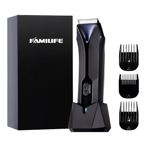 FAMILIFE Body Trimmer for Men, Ball Trimmer Men, Electric Groin & Pubic Hair Trimmers, Replaceable Ceramic Blade Heads, Waterproof Wet/Dry Use, Standing Recharge Dock, 90 Minutes Usage