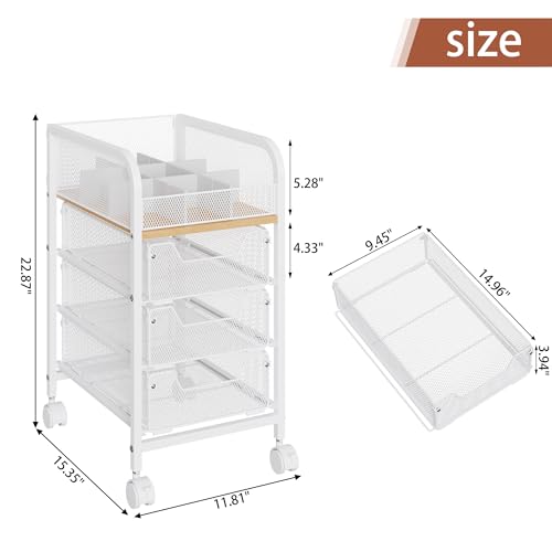Rolling Makeup Cart Organizer with 3 Drawers, 4-Tier Narrow Floor Skincare Organizers with dividers, Vanity Organizer Cosmetics Display Cases for Makeup Brush, Hair Tool, White