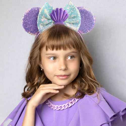 JIAHANG Mermaid Mouse Ears Headband with Sequin Bow, Seashell Hair Band Party Decoration Headwear for Women Girls