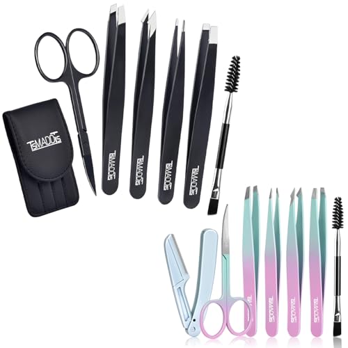 TsMADDTs Eyebrow Tweezer Set, 13 Pcs Tweezers Set for Women, Precision Tweezer for Eyebrows with Curved Scissors for Ingrown Hair, Hair Plucking Daily Beauty Tools with Leather Travel Case