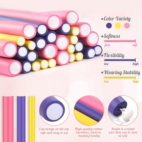 30Pcs 9.45" Flexible Curling Rods No Heat Hair Rollers Curlers with 3 Sizes Foam Curlers Hair Rods for Short and Long Hair