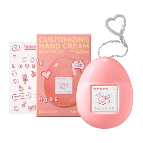 MUMCHIT Rosy Posy Perfume Keyring Hand Cream – 1.69 fl oz, 5 Fragrances, Customizable Sticker Pack, Fast Absorbing, Non-Greasy Moisturizer