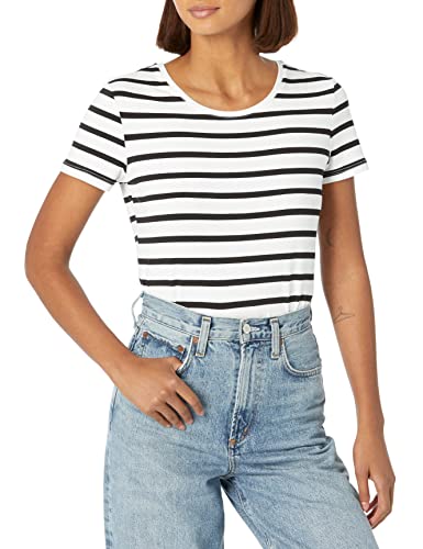 Amazon Essentials Women's Classic-Fit Short-Sleeve Crewneck T-Shirt, Pack of 2, Black/White Stripe, X-Small