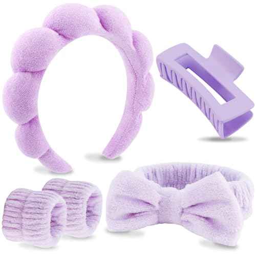 VELSCRUN Spa Headbands for Wash Face, Makeup Headband, Facial Skincare Headbands, 5 Pcs Purple Puffy Sponge Spa Headband Bow Tie Hair Band Hair Clips Wristband Set Women Girls Accessories