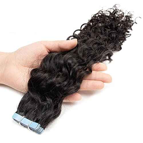 Curly Tape in Hair Extensions Human Hair for Women Water Wave Double Side Skin Weft Tape on 16 Inch Real Virgin Hair Deep Water Wave Invisible Seamless Hair Extensions 50g 20pcs