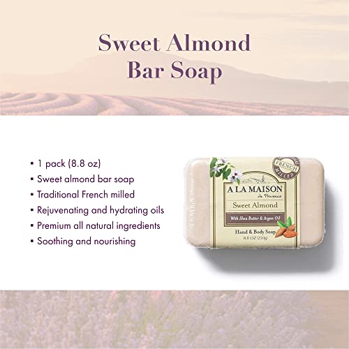 A LA MAISON Sweet Almond Bar Soap - Triple French Milled Natural Moisturizing Hand Soap Bar (1 Bar of Soap, 8.8 oz)