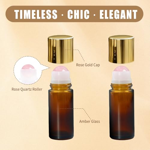 Rose Quartz Roller Bottles for Essential Oils, 50ml Glass Roll-On (2-Pack)