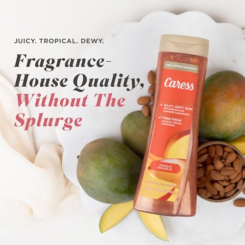 Caress Mango & Almond Oil Body Wash, Hyaluronic Acid & Vitamin B3 for Moisturized, Silky Soft Skin, Long-Lasting Tropical Fragrance, 20 fl oz (4 Pack)
