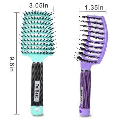 Boar Bristle Hair Brush Set - Dry/Wet Detangler for Fine, Thick, Curly Hair - Curved and Vented Brush for Women, Men or Kids (Purple & Green)