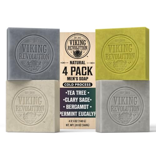 Viking Revolution Natural Soap for Men - Mens Soap Bar with Essential Oils Cold Pressed Bar Soap for Men - Nourishing Soap with Tea Tree, Clary Sage, Peppermint Eucalyptus, Bergamot (4 Pack)