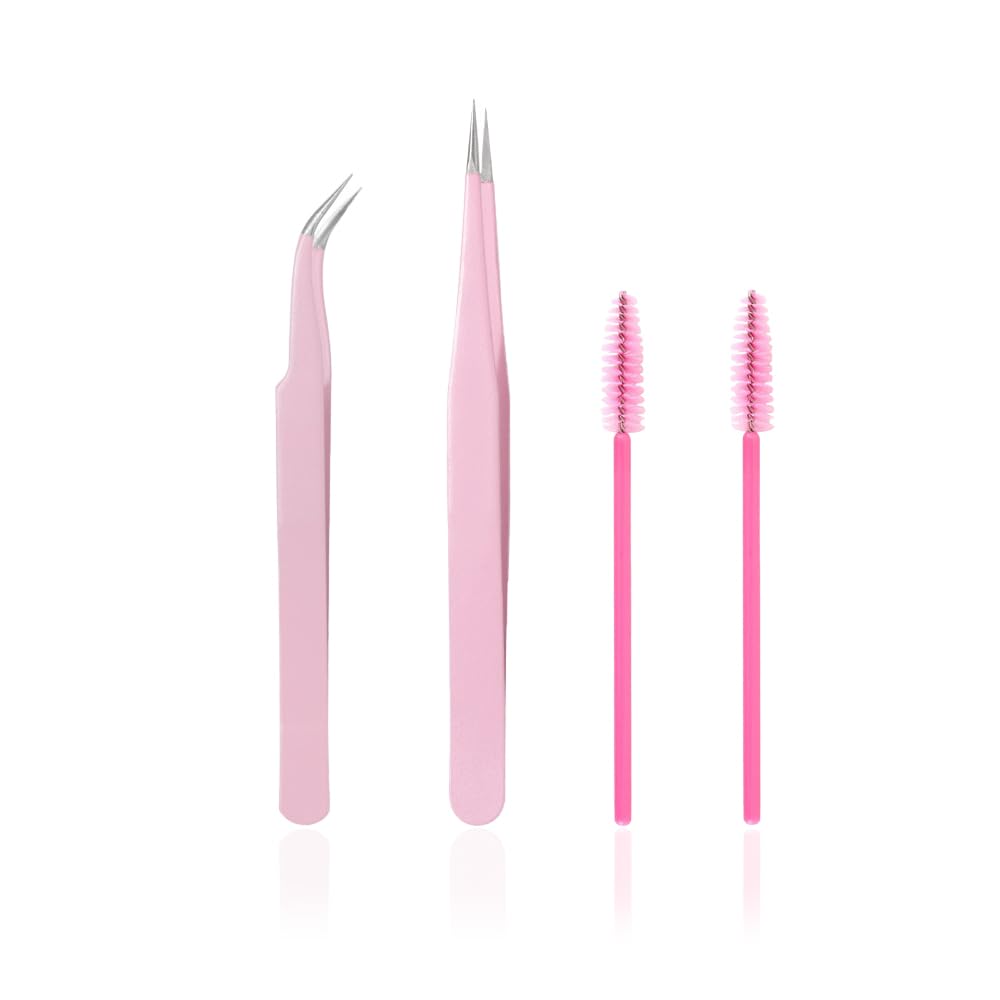 KLDKUST Stainless Steel Eyelash Extension Tweezers Straight and Curved Tip Eyelash Tweezers for Eyelash Extension Applications with Eyelash Brush (4PCS)
