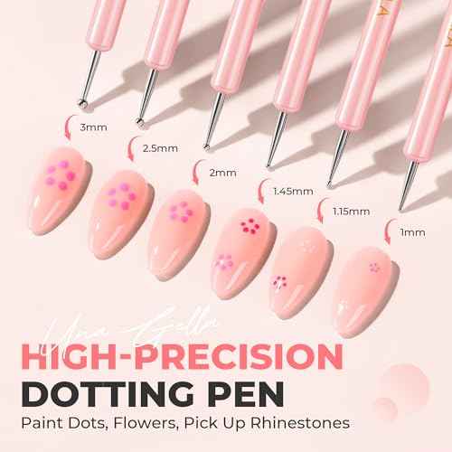 UNA GELLA Nail Art Brushes Set 6PCS Pink Color Double-ended Nail Design Dotting Tools Nail Art Gel Polish Brushes for Gel Polish Lines, Nail Drawing Pen DIY Nail Art Supplies