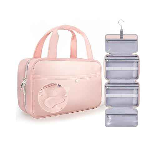 Travel Hanging Toiletry Bag for Women - Waterproof Cosmetic Organizer with Clear Window, Lightweight Bathroom Bags for Essentials, Makeup, Shampoo, Toiletries Pink, Medium