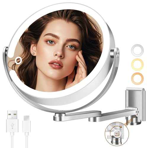 Wall Mounted Makeup Mirror, Magnifying Mirror with Light 20X/1X Double-Sided, Height Adjustable, 3 Lighted Modes, Aluminum Alloy Small Wall Mirror, Moisture & Corrosion Resistant Bathroom Use