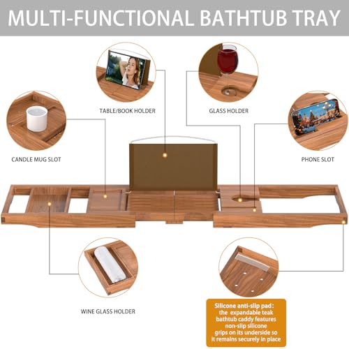 Teak Bathtub Caddy Tray - Expandable Wood Bath Organizer