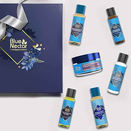 Premium Beauty Gift Set for Women & Men | Blue Nectar Hair Oil, Shampoo, Face Wash, Body Wash, Scrub & Lotion with Herbal Ingredients | Ideal Christmas Holidays Gift for Mom,Dad,Girlfriend & Coworker