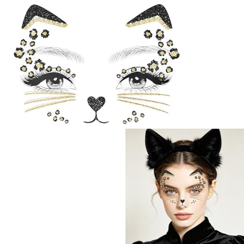 Cat Face Gems Rhinestone Stickers – Black & Gold Patterns